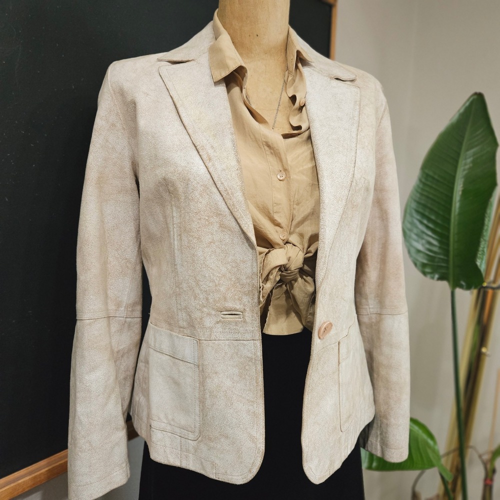 Vintage Textured Cream Leather Blazer Single Button Patch Pockets Size 42